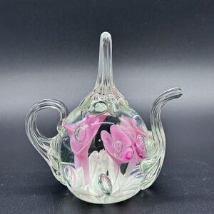 Art Glass Teapot Pink Flowers Paperweight or Ring Holder Bubbles Floral Coquette
